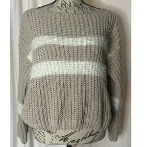 Rewind Chenille Sweater Beige With White Stripes Fuzzy Crop Knit Women’s Small